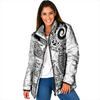 Aotearoa Maori Sea Animals Tribal Padded Jacket Manta Ray and Shark Moko Pattern White Color LT03 Women White - Polynesian Pride