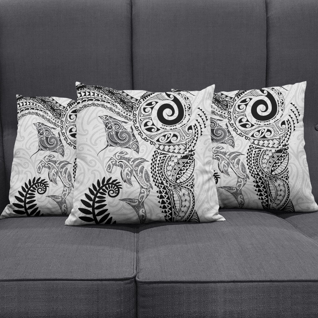 Aotearoa Maori Sea Animals Tribal Pillow Cover Manta Ray and Shark Moko Pattern White Color LT03 - Polynesian Pride