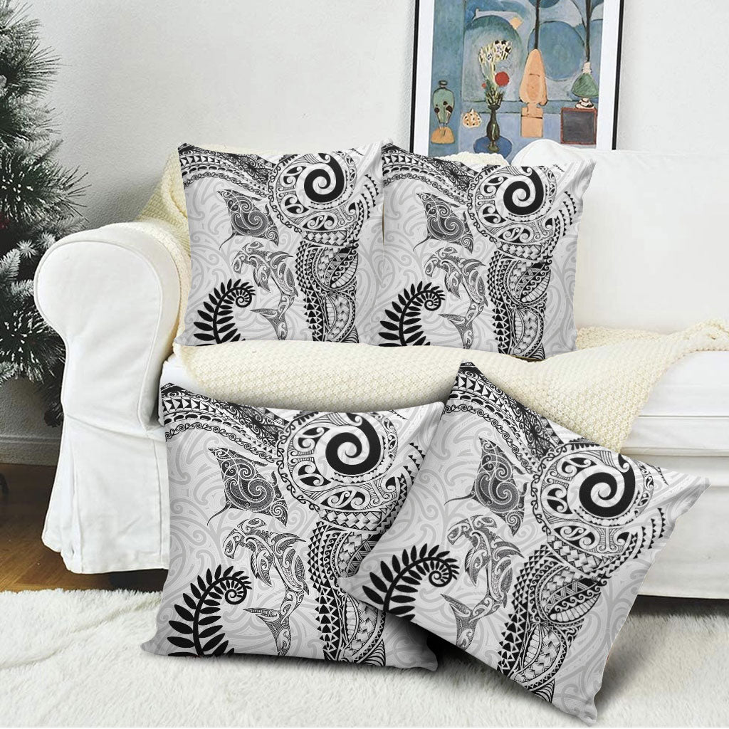 Aotearoa Maori Sea Animals Tribal Pillow Cover Manta Ray and Shark Moko Pattern White Color LT03 - Polynesian Pride
