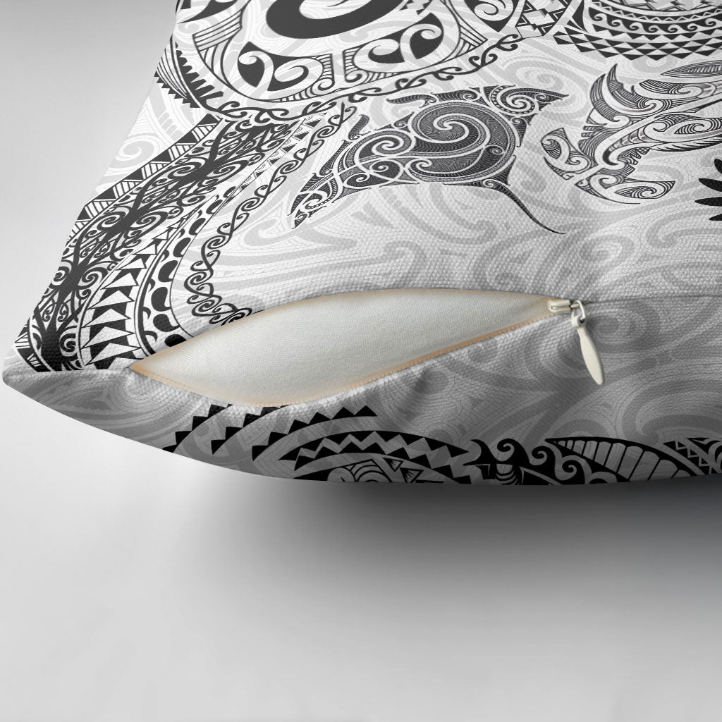 Aotearoa Maori Sea Animals Tribal Pillow Cover Manta Ray and Shark Moko Pattern White Color LT03 - Polynesian Pride