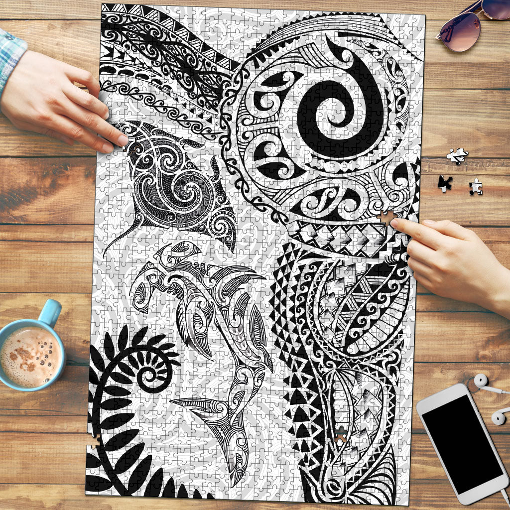 Aotearoa Maori Sea Animals Tribal Puzzle Manta Ray and Shark Moko Pattern White Color LT03 White - Polynesian Pride