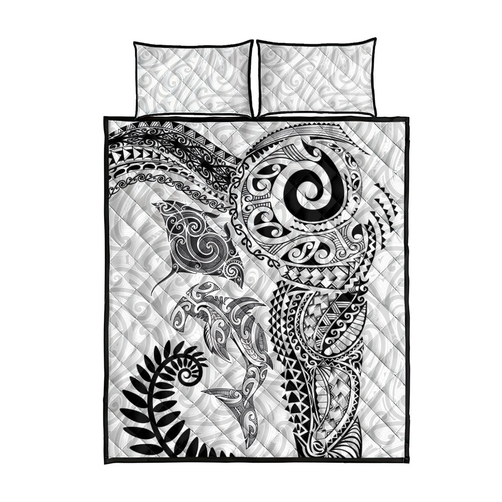 Aotearoa Maori Sea Animals Tribal Quilt Bed Set Manta Ray and Shark Moko Pattern White Color LT03 - Polynesian Pride