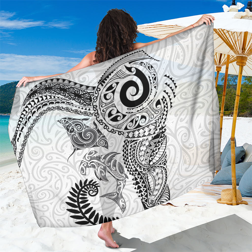 Aotearoa Maori Sea Animals Tribal Sarong Manta Ray and Shark Moko Pattern White Color LT03 One Size 44 x 66 inches White - Polynesian Pride