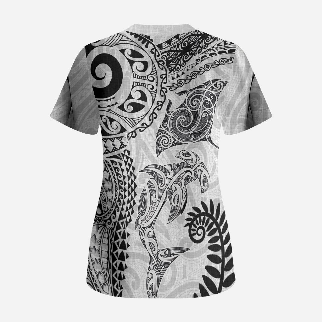 Aotearoa Maori Sea Animals Tribal Scrub Top Manta Ray and Shark Moko Pattern White Color LT03 - Polynesian Pride
