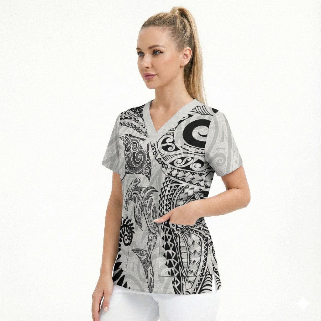 Aotearoa Maori Sea Animals Tribal Scrub Top Manta Ray and Shark Moko Pattern White Color LT03 - Polynesian Pride