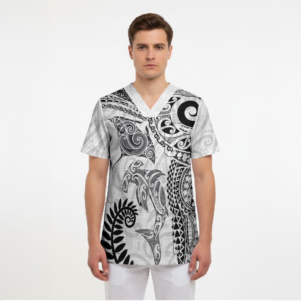 Aotearoa Maori Sea Animals Tribal Scrub Top Manta Ray and Shark Moko Pattern White Color LT03 - Polynesian Pride