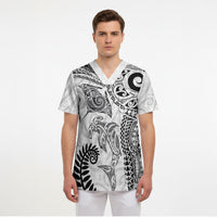 Aotearoa Maori Sea Animals Tribal Scrub Top Manta Ray and Shark Moko Pattern White Color LT03 - Polynesian Pride
