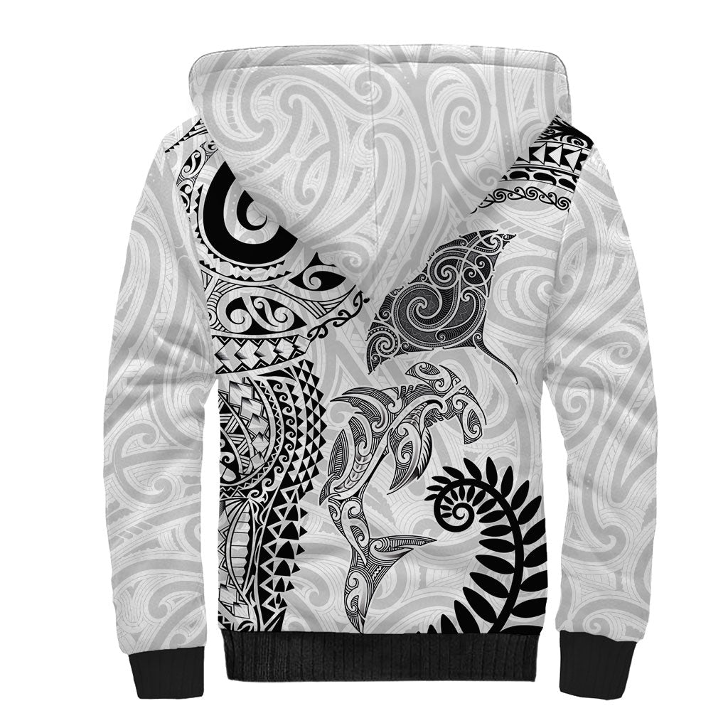 Aotearoa Maori Sea Animals Tribal Sherpa Hoodie Manta Ray and Shark Moko Pattern White Color