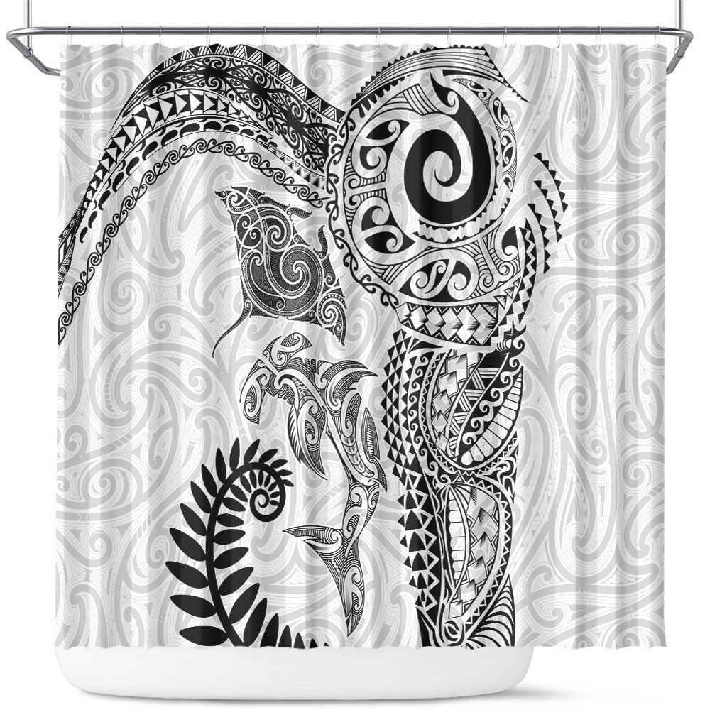 Aotearoa Maori Sea Animals Tribal Shower Curtain Manta Ray and Shark Moko Pattern White Color LT03 White - Polynesian Pride