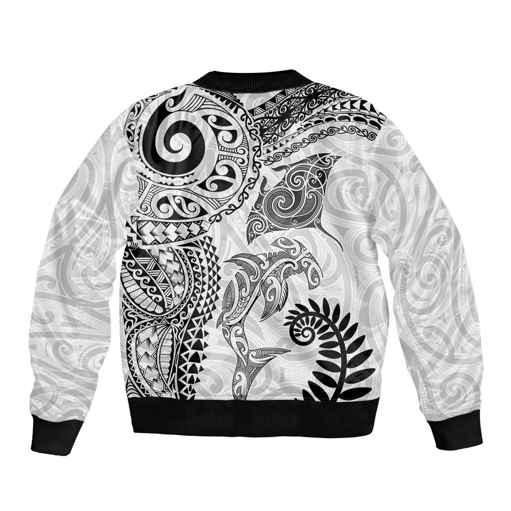 Aotearoa Maori Sea Animals Tribal Sleeve Zip Bomber Jacket Manta Ray and Shark Moko Pattern White Color LT03 - Polynesian Pride