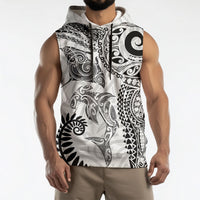 Aotearoa Maori Sea Animals Tribal Sleeveless Hoodie Manta Ray and Shark Moko Pattern White Color