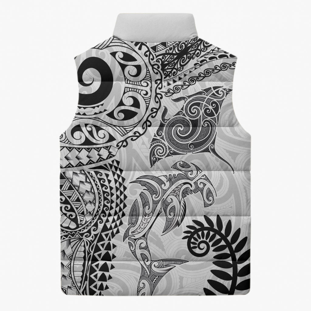 Aotearoa Maori Sea Animals Tribal Sleeveless Puffer Jacket Manta Ray and Shark Moko Pattern White Color LT03 - Polynesian Pride