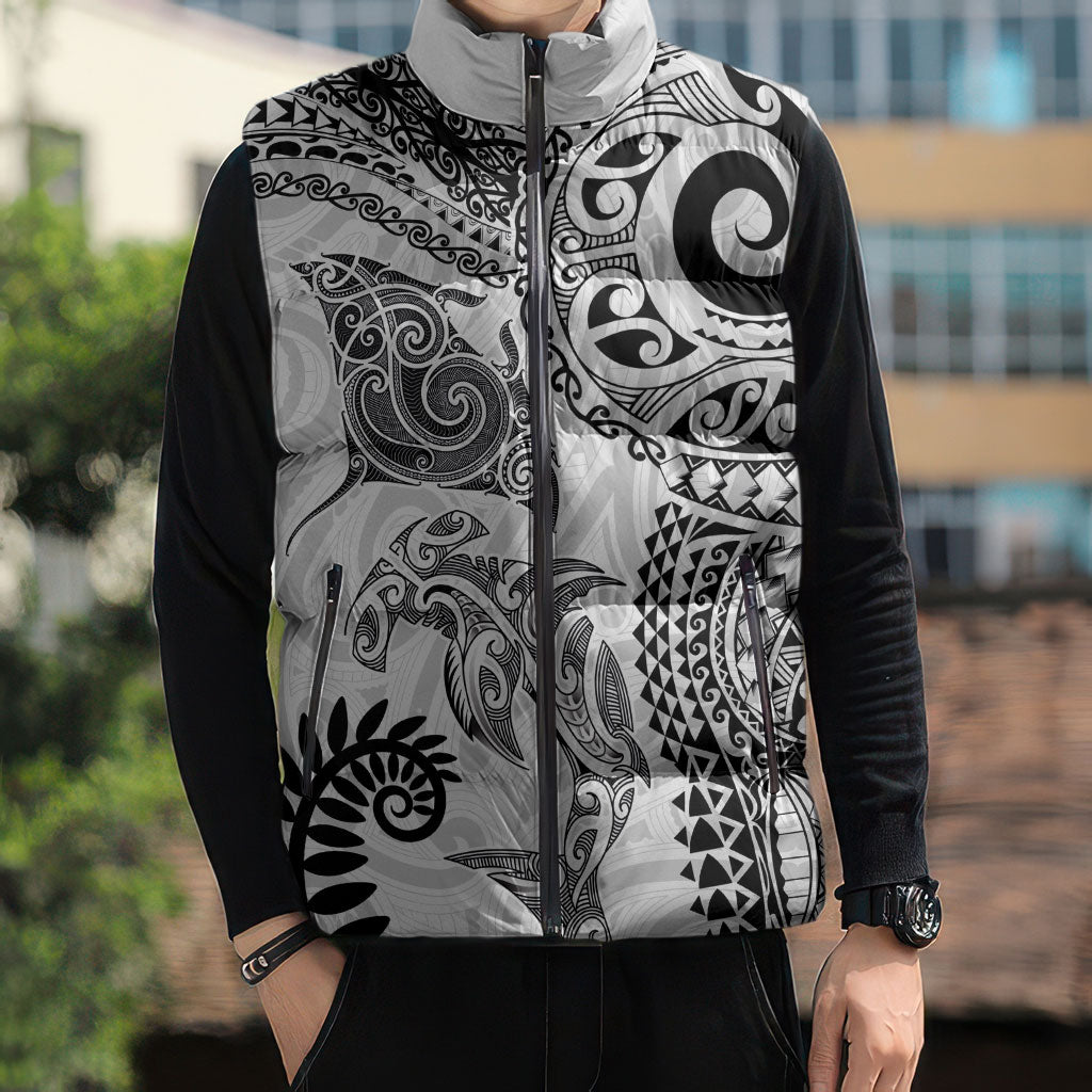 Aotearoa Maori Sea Animals Tribal Sleeveless Puffer Jacket Manta Ray and Shark Moko Pattern White Color LT03 - Polynesian Pride