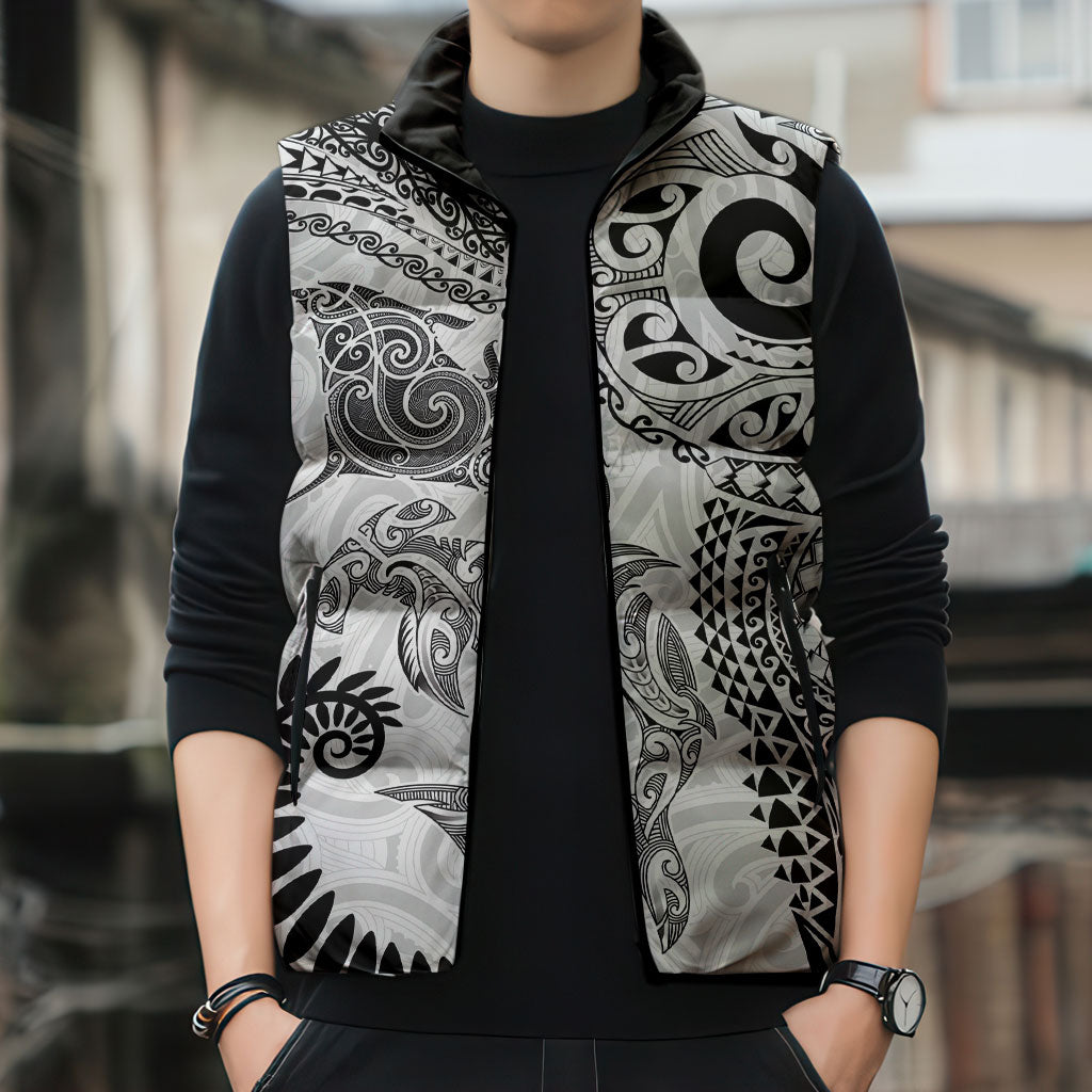 Aotearoa Maori Sea Animals Tribal Sleeveless Puffer Jacket Manta Ray and Shark Moko Pattern White Color LT03 - Polynesian Pride