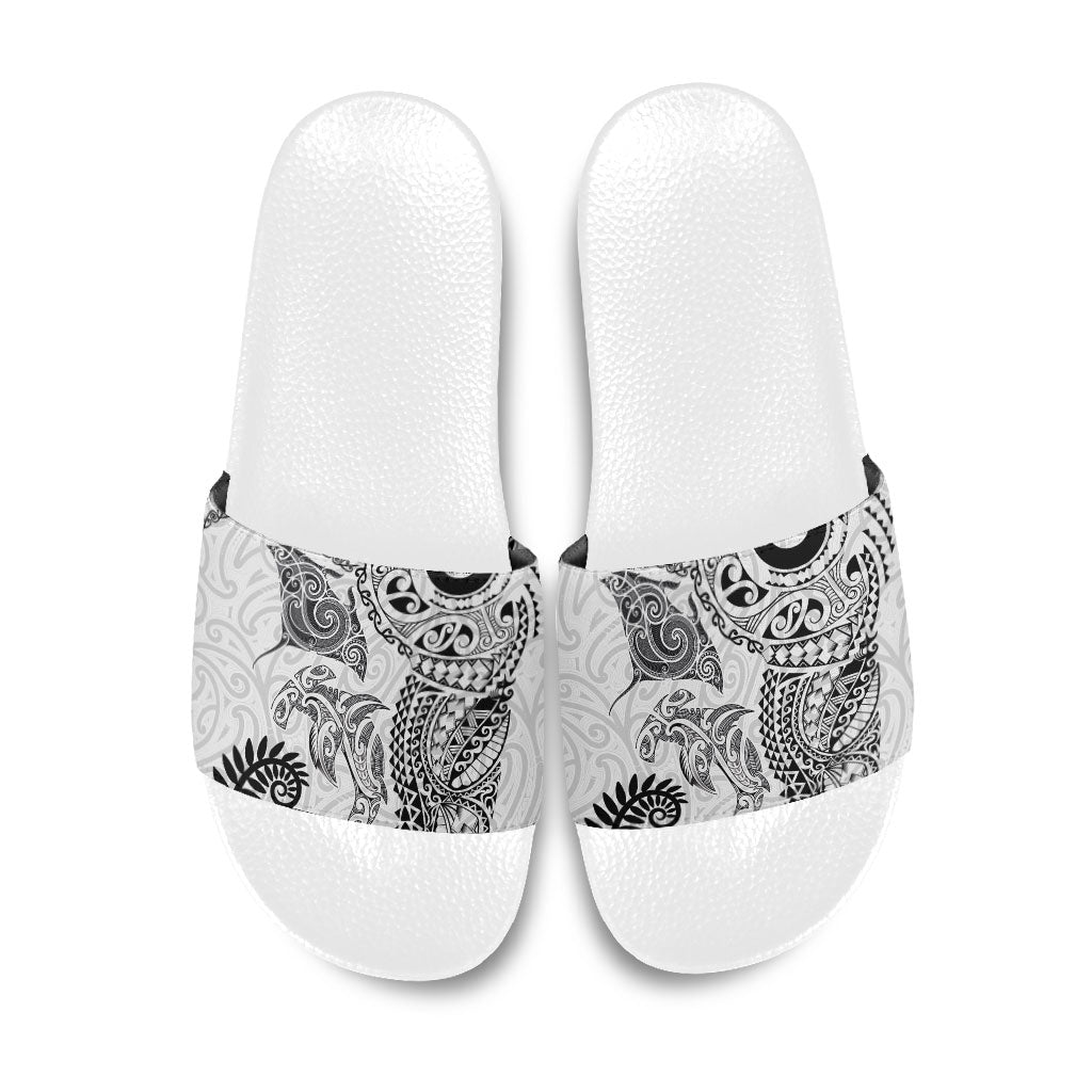 Aotearoa Maori Sea Animals Tribal Slide Sandals Manta Ray and Shark Moko Pattern White Color LT03 White - Polynesian Pride