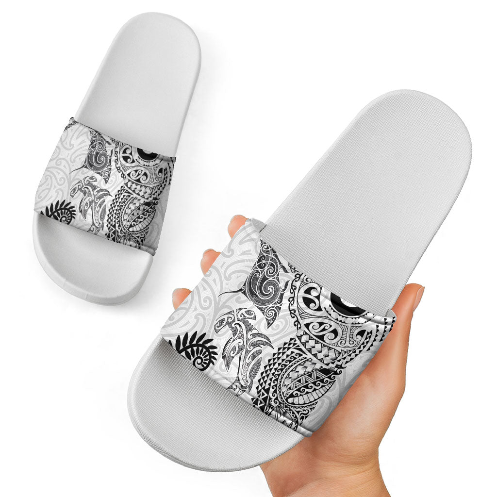 Aotearoa Maori Sea Animals Tribal Slide Sandals Manta Ray and Shark Moko Pattern White Color LT03 - Polynesian Pride