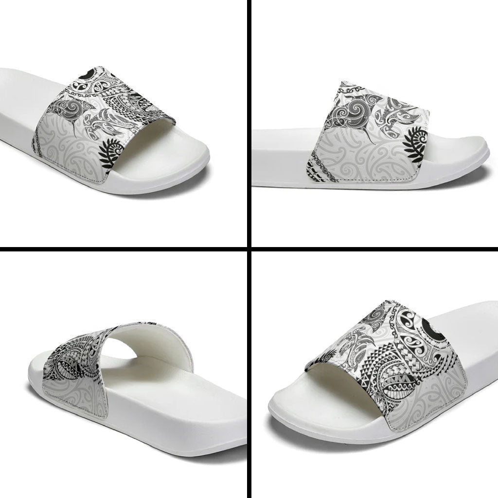 Aotearoa Maori Sea Animals Tribal Slide Sandals Manta Ray and Shark Moko Pattern White Color LT03 - Polynesian Pride