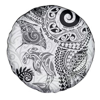 Aotearoa Maori Sea Animals Tribal Spare Tire Cover Manta Ray and Shark Moko Pattern White Color