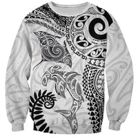 Aotearoa Maori Sea Animals Tribal Sweatshirt Manta Ray and Shark Moko Pattern White Color