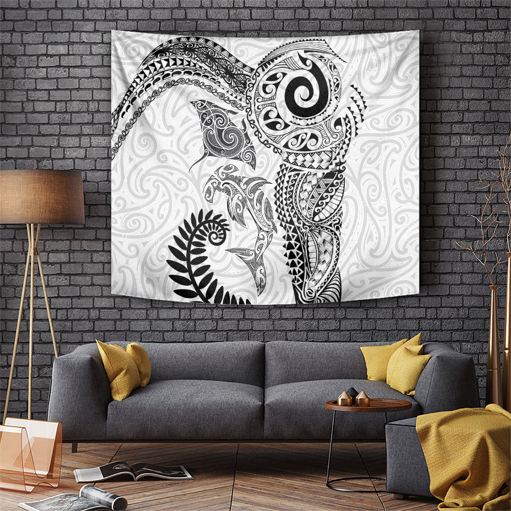 Aotearoa Maori Sea Animals Tribal Tapestry Manta Ray and Shark Moko Pattern White Color LT03 White - Polynesian Pride