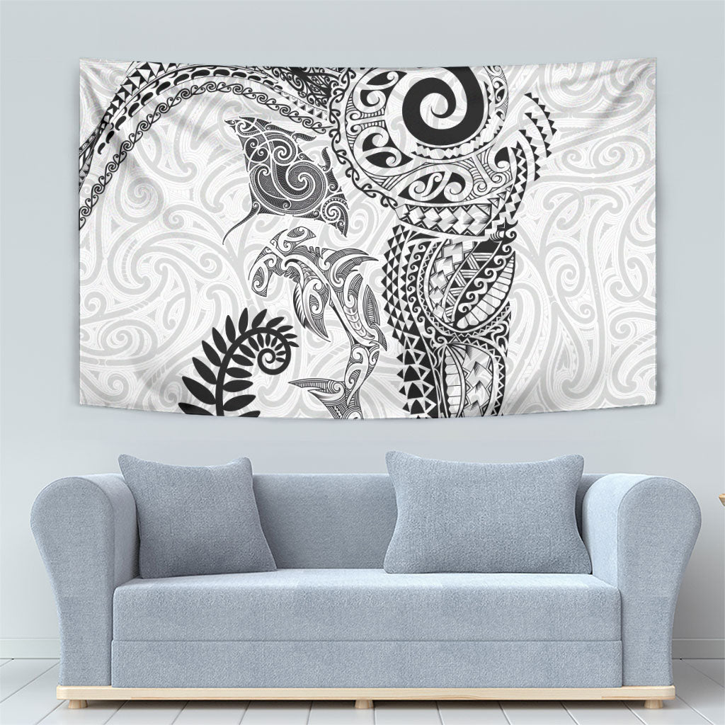 Aotearoa Maori Sea Animals Tribal Tapestry Manta Ray and Shark Moko Pattern White Color