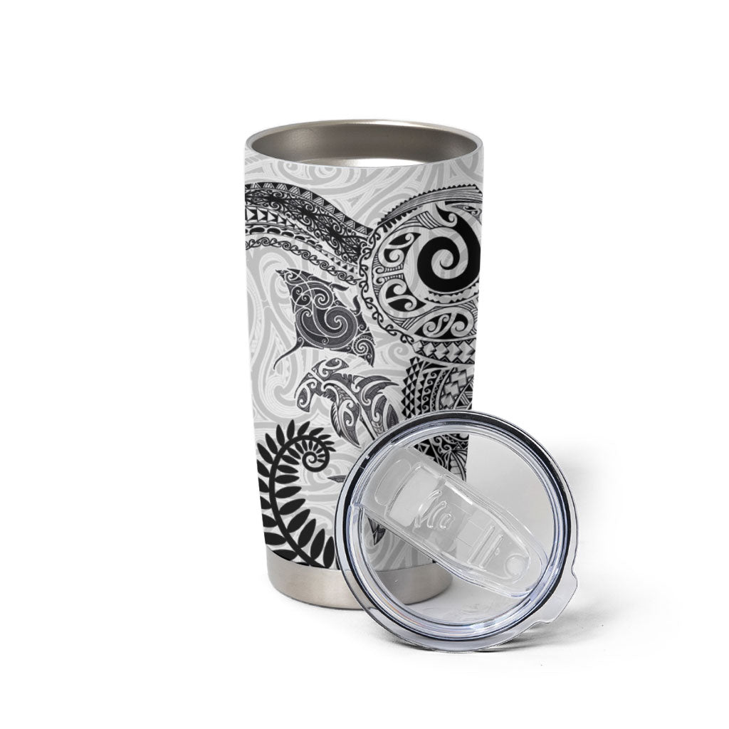 Aotearoa Maori Sea Animals Tribal Tumbler Cup Manta Ray and Shark Moko Pattern White Color