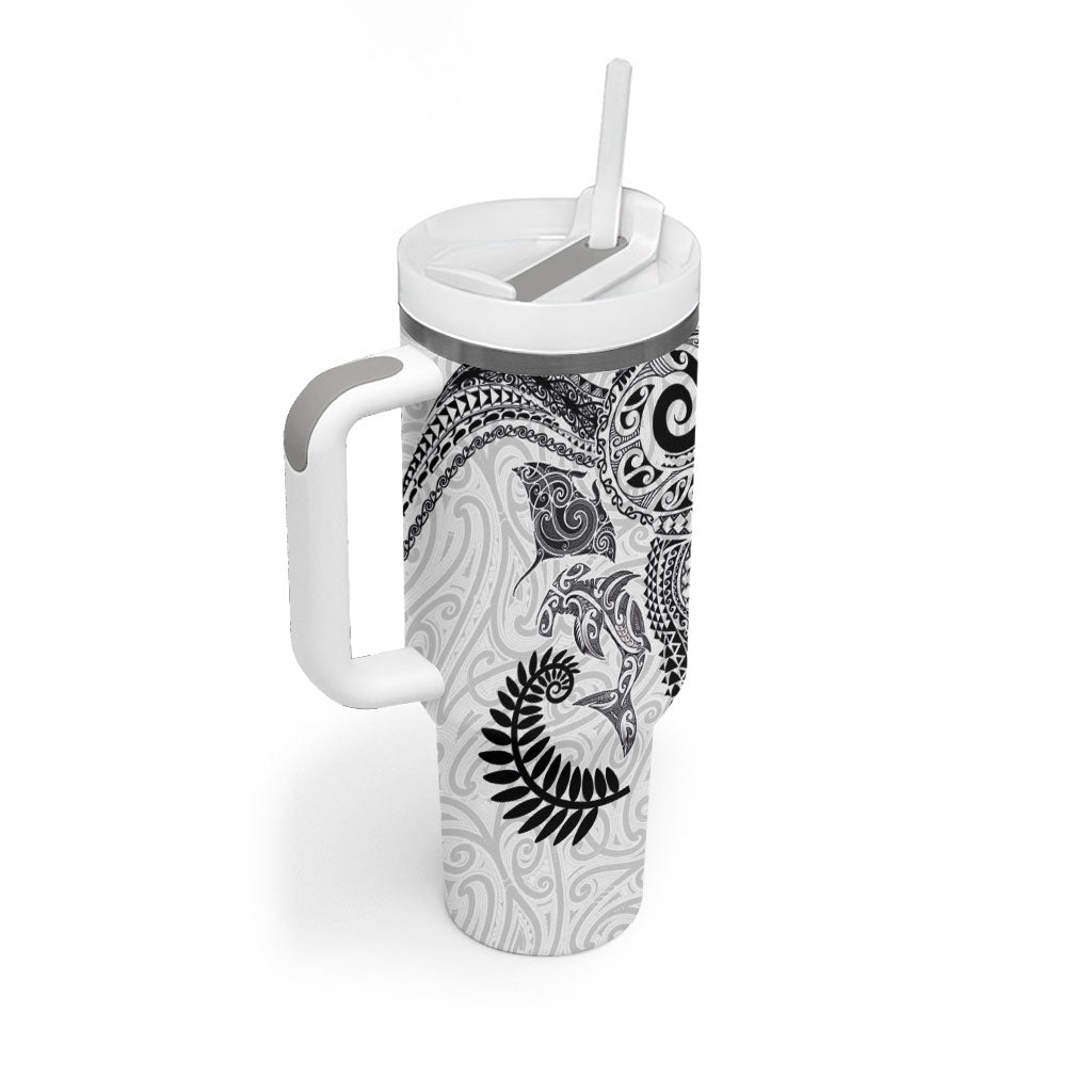 Aotearoa Maori Sea Animals Tribal Tumbler With Handle Manta Ray and Shark Moko Pattern White Color LT03 - Polynesian Pride
