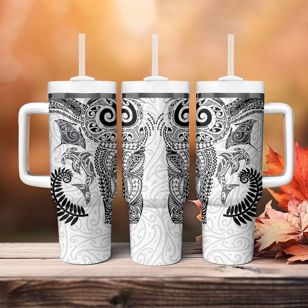 Aotearoa Maori Sea Animals Tribal Tumbler With Handle Manta Ray and Shark Moko Pattern White Color LT03 - Polynesian Pride