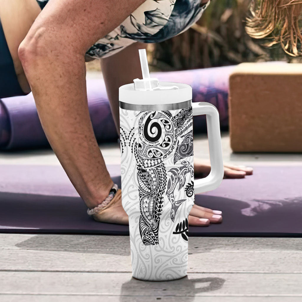 Aotearoa Maori Sea Animals Tribal Tumbler With Handle Manta Ray and Shark Moko Pattern White Color LT03 - Polynesian Pride