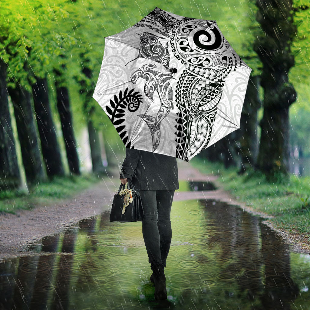 Aotearoa Maori Sea Animals Tribal Umbrella Manta Ray and Shark Moko Pattern White Color