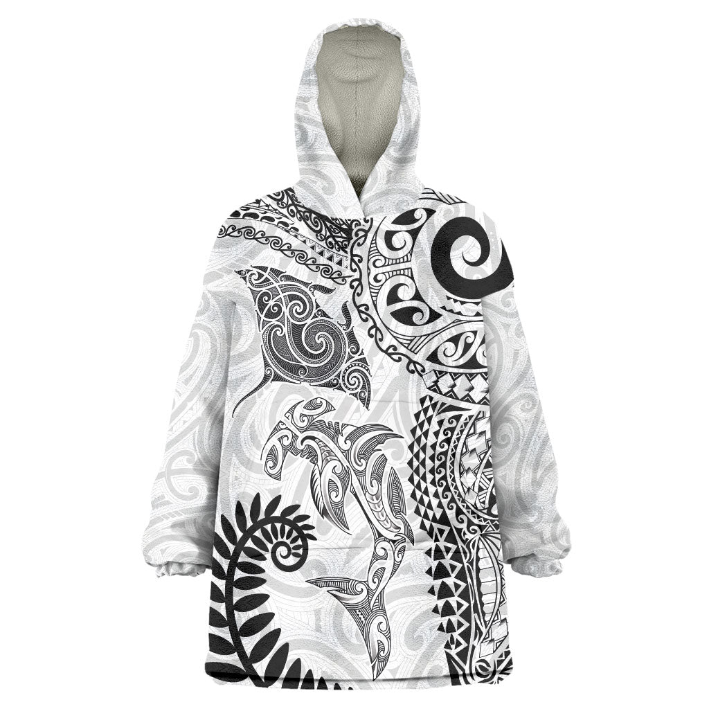 Aotearoa Maori Sea Animals Tribal Wearable Blanket Hoodie Manta Ray and Shark Moko Pattern White Color