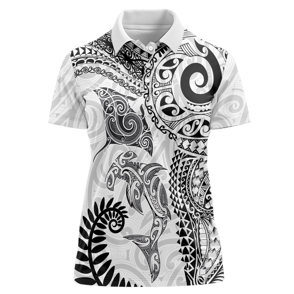 Aotearoa Maori Sea Animals Tribal Women Polo Shirt Manta Ray and Shark Moko Pattern White Color