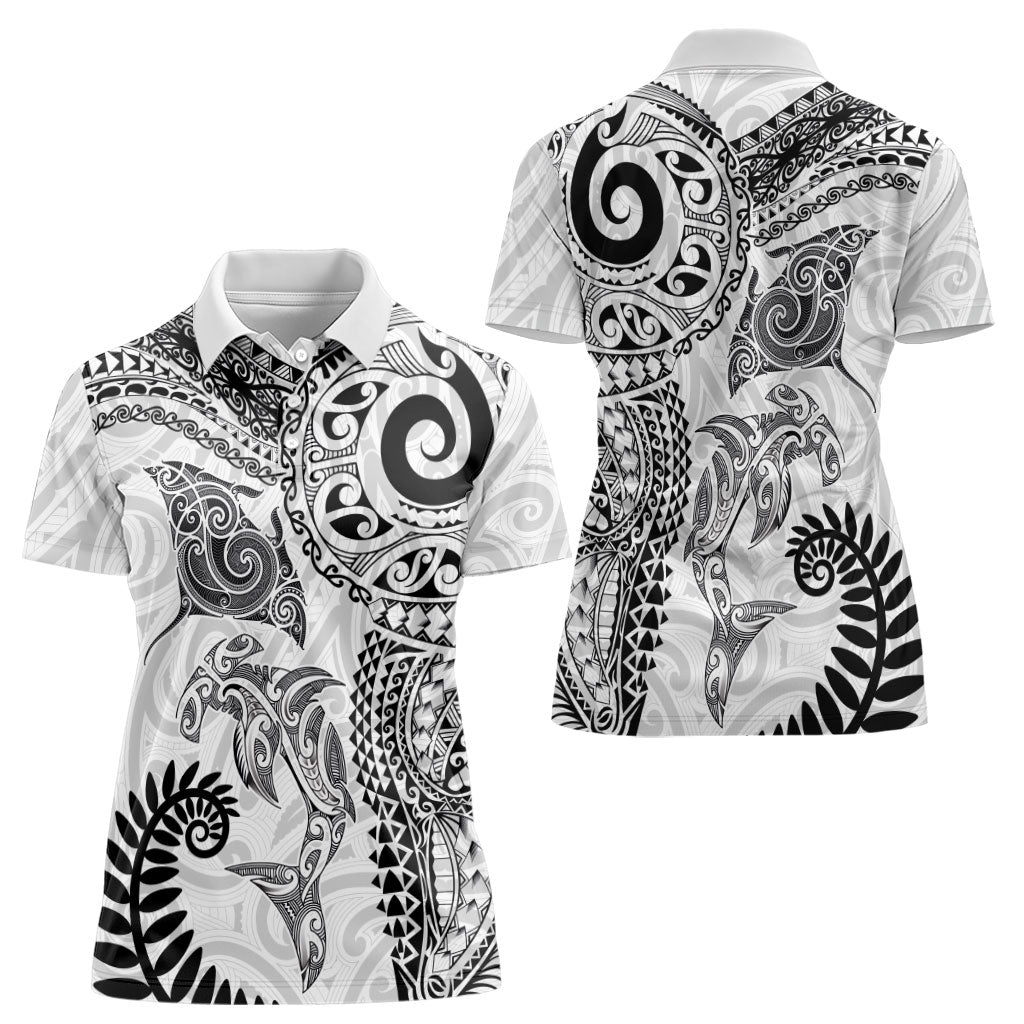 Aotearoa Maori Sea Animals Tribal Women Polo Shirt Manta Ray and Shark Moko Pattern White Color