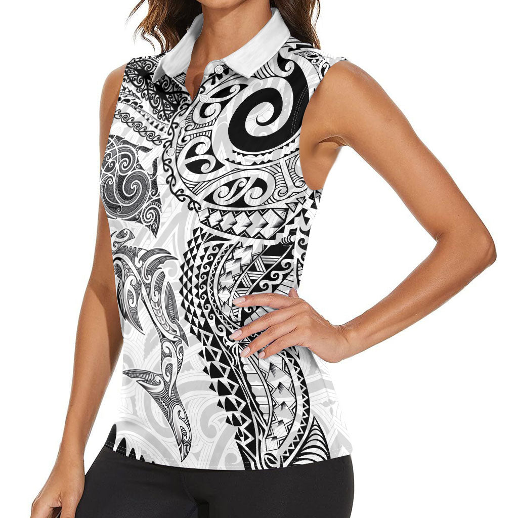 Aotearoa Maori Sea Animals Tribal Women Sleeveless Polo Shirt Manta Ray and Shark Moko Pattern White Color