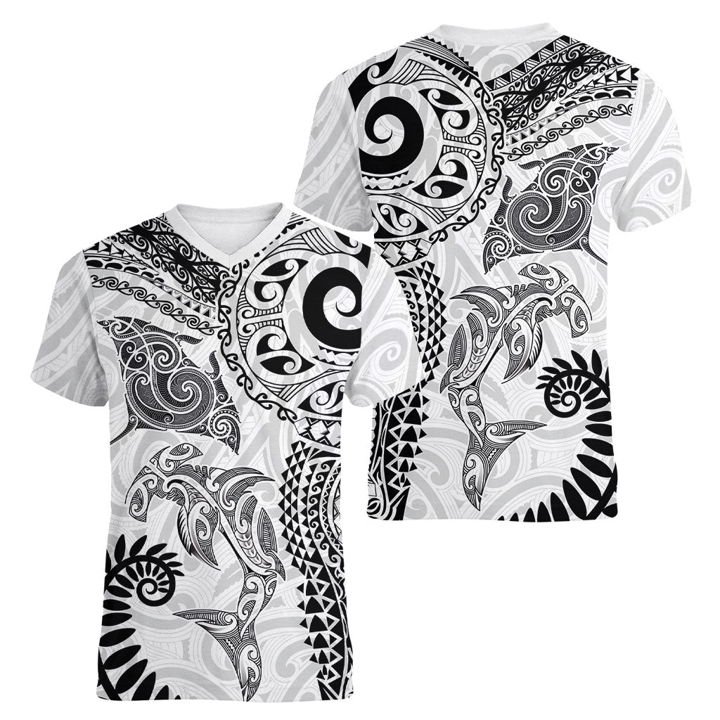 Aotearoa Maori Sea Animals Tribal Women V-Neck T-Shirt Manta Ray and Shark Moko Pattern White Color