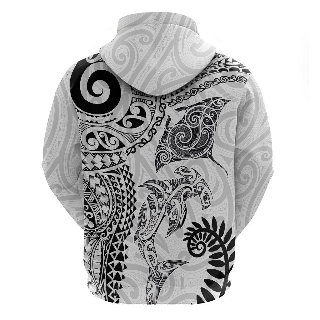 Aotearoa Maori Sea Animals Tribal Zip Hoodie Manta Ray and Shark Moko Pattern White Color