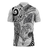 Aotearoa Maori Sea Animals Tribal Zipper Polo Shirt Manta Ray and Shark Moko Pattern White Color