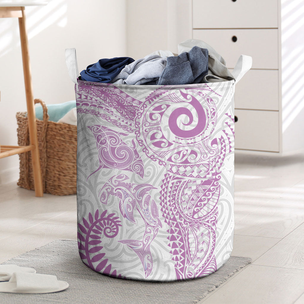 Aotearoa Maori Sea Animals Tribal Laundry Basket Manta Ray and Shark Moko Pattern Pink Color LT03 Pink - Polynesian Pride