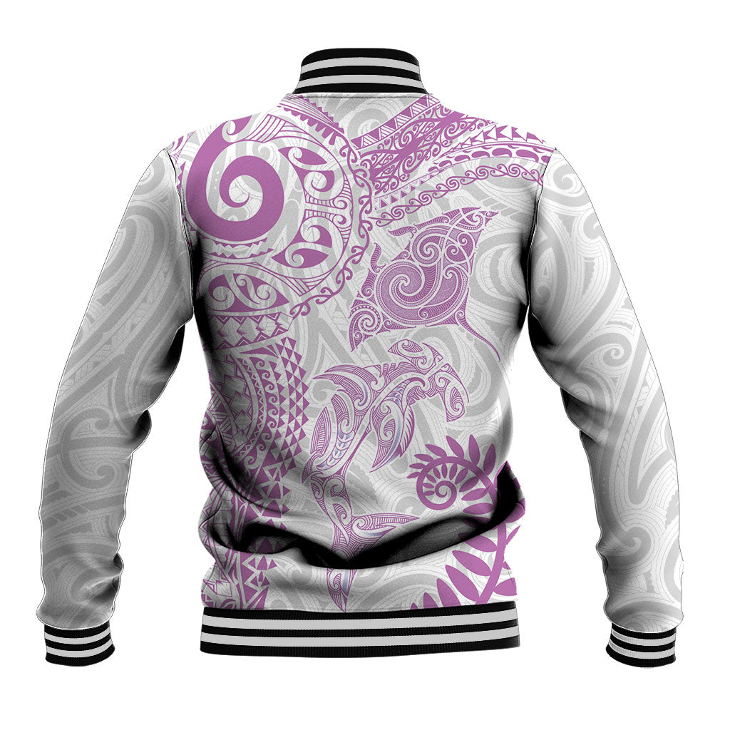 Aotearoa Maori Sea Animals Tribal Baseball Jacket Manta Ray and Shark Moko Pattern Pink Color LT03 - Polynesian Pride