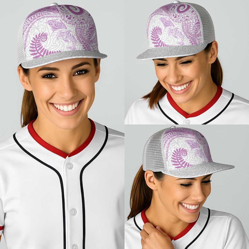 Aotearoa Maori Sea Animals Tribal Baseball Net Cap Manta Ray and Shark Moko Pattern Pink Color LT03 - Polynesian Pride