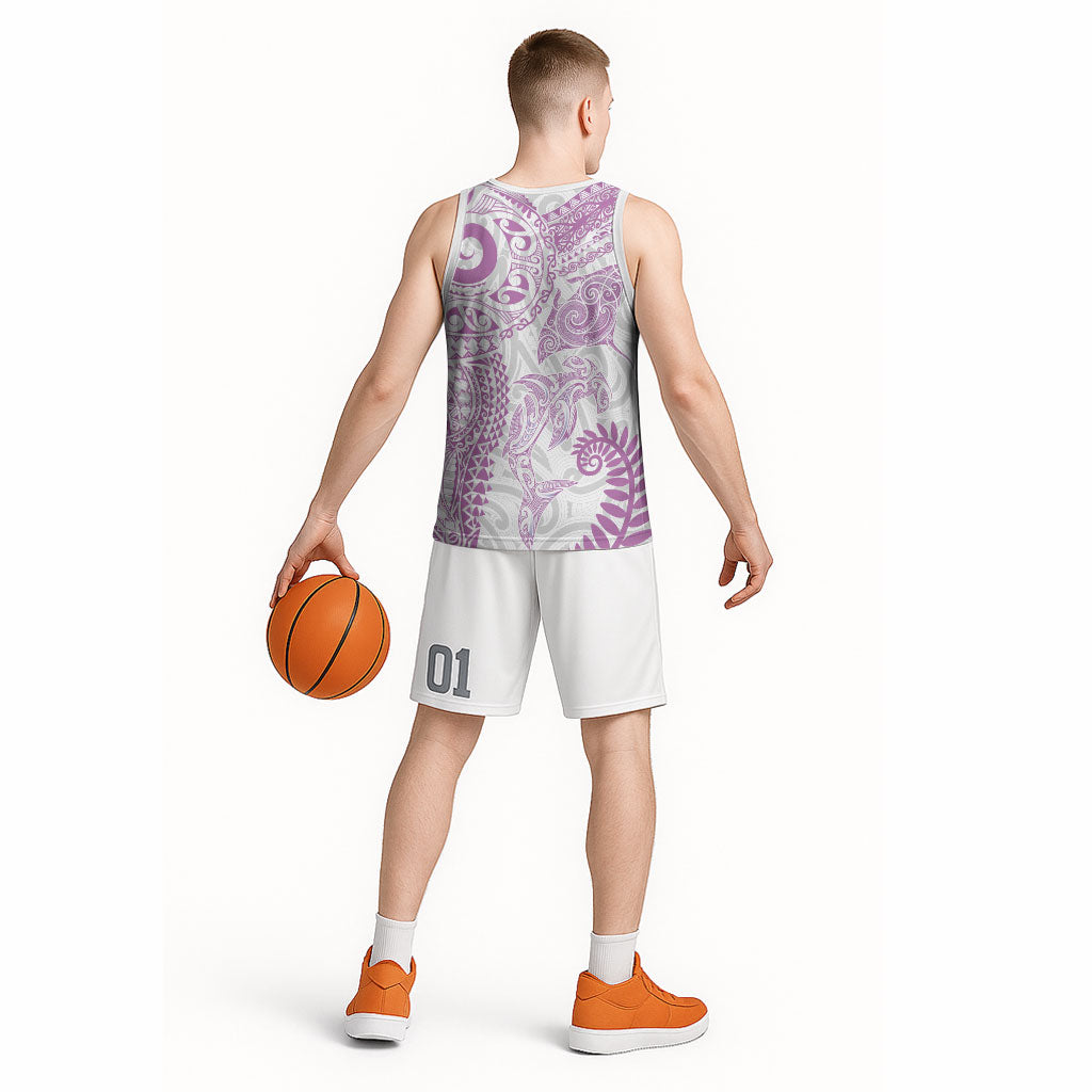 Aotearoa Maori Sea Animals Tribal Basketball Jersey Manta Ray and Shark Moko Pattern Pink Color