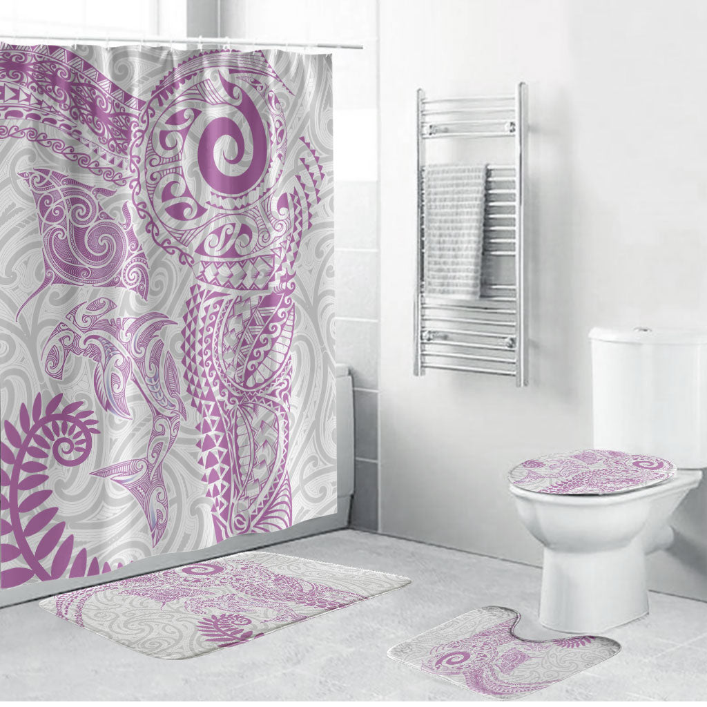 Aotearoa Maori Sea Animals Tribal Bathroom Set Manta Ray and Shark Moko Pattern Pink Color LT03 Bathroom Set (4 pcs) Pink - Polynesian Pride