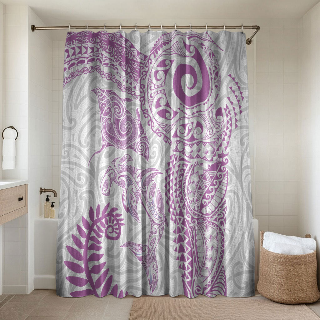 Aotearoa Maori Sea Animals Tribal Bathroom Set Manta Ray and Shark Moko Pattern Pink Color LT03 Shower Curtain Only Pink - Polynesian Pride