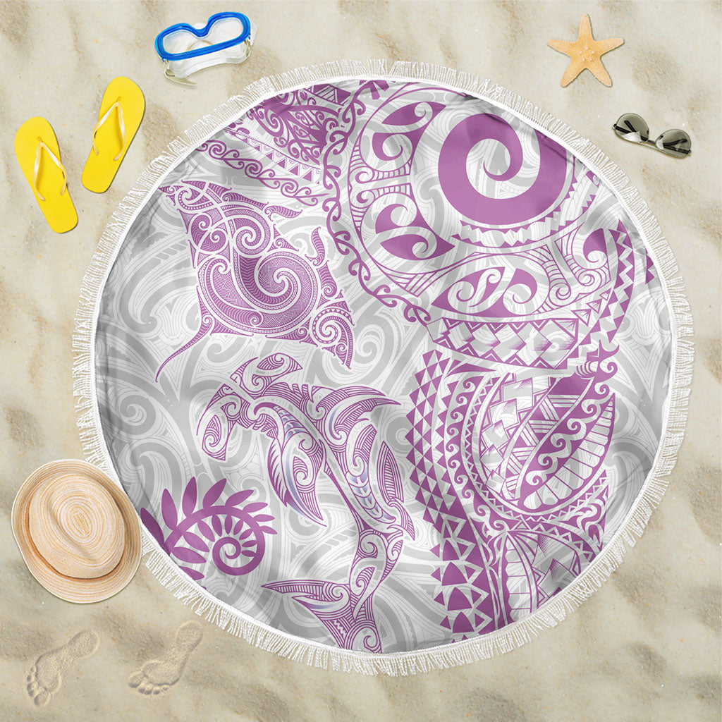 Aotearoa Maori Sea Animals Tribal Beach Blanket Manta Ray and Shark Moko Pattern Pink Color LT03 One Size 150cm Pink - Polynesian Pride