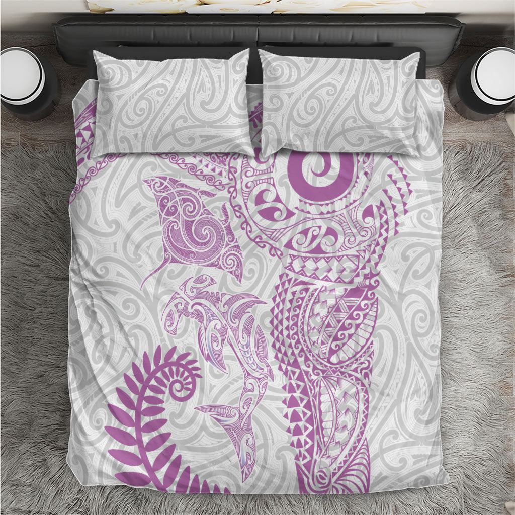Aotearoa Maori Sea Animals Tribal Bedding Set Manta Ray and Shark Moko Pattern Pink Color