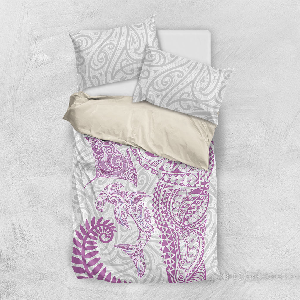 Aotearoa Maori Sea Animals Tribal Bedding Set Manta Ray and Shark Moko Pattern Pink Color