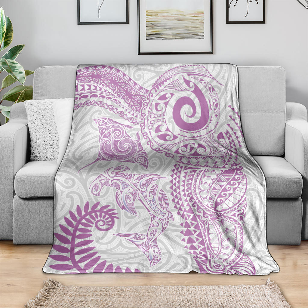 Aotearoa Maori Sea Animals Tribal Blanket Manta Ray and Shark Moko Pattern Pink Color LT03 - Polynesian Pride