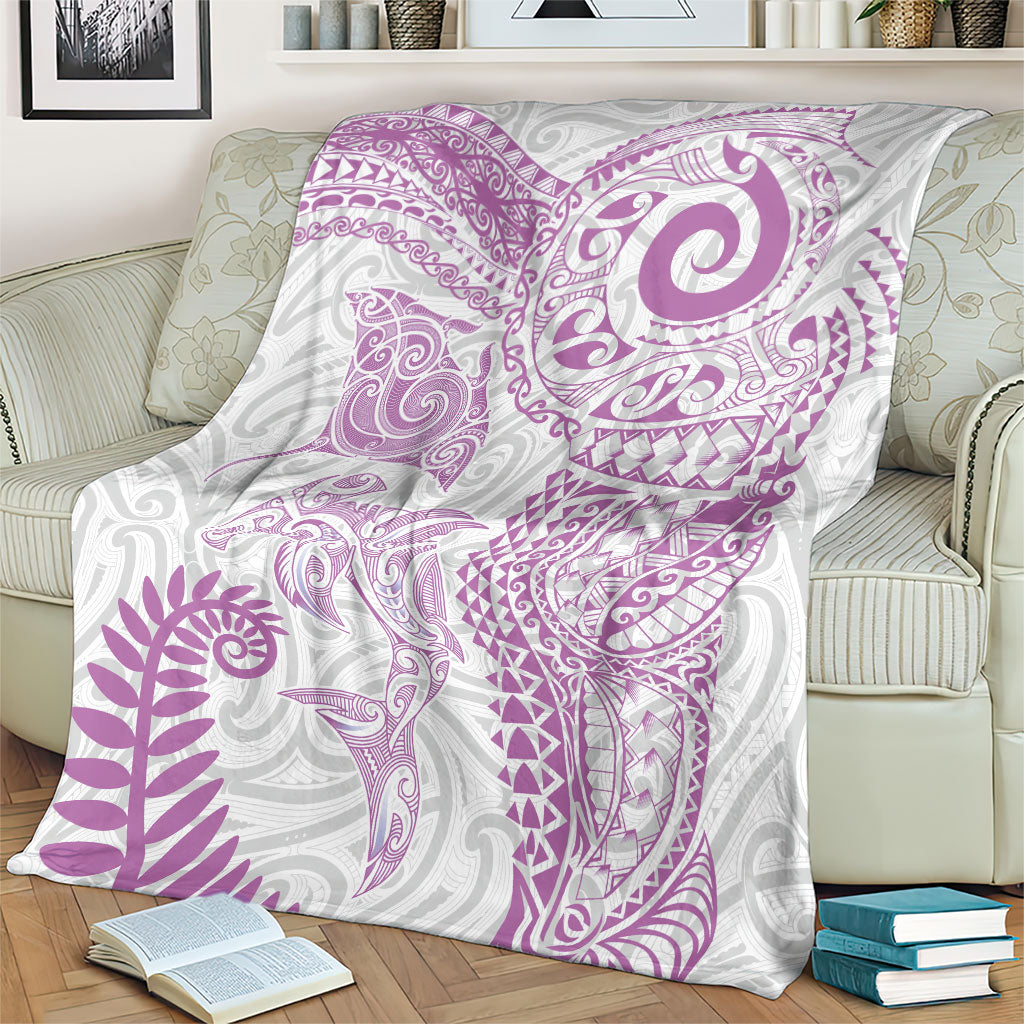Aotearoa Maori Sea Animals Tribal Blanket Manta Ray and Shark Moko Pattern Pink Color LT03 - Polynesian Pride