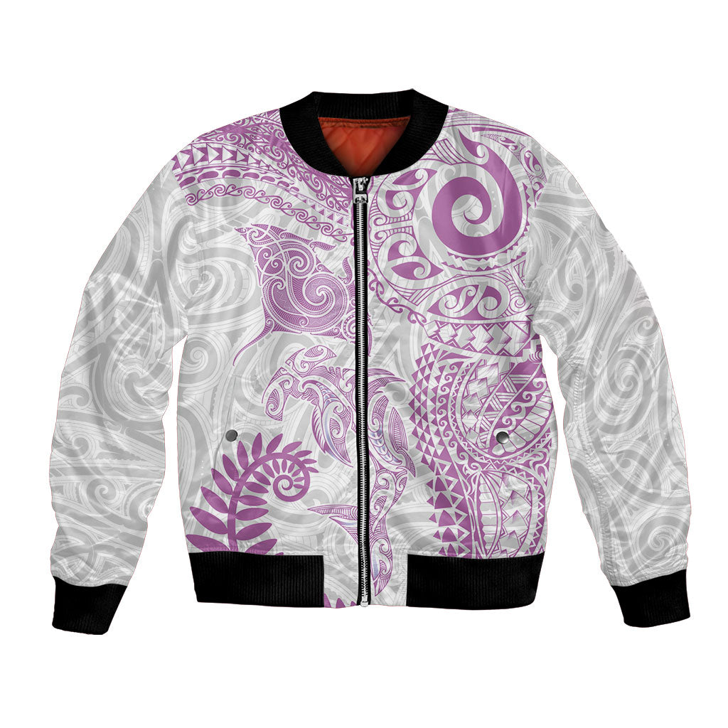 Aotearoa Maori Sea Animals Tribal Bomber Jacket Manta Ray and Shark Moko Pattern Pink Color LT03 Unisex Pink - Polynesian Pride