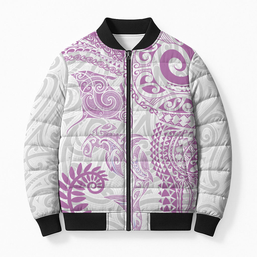 Aotearoa Maori Sea Animals Tribal Bomber Puffer Jacket Manta Ray and Shark Moko Pattern Pink Color LT03 Unisex Pink - Polynesian Pride